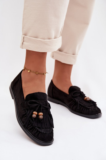 Mocassins femininos com franjas, cor coral-preta, Teressa 2