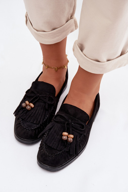 mocassins femininos com franjas I cor coralikami cor preta Teressa