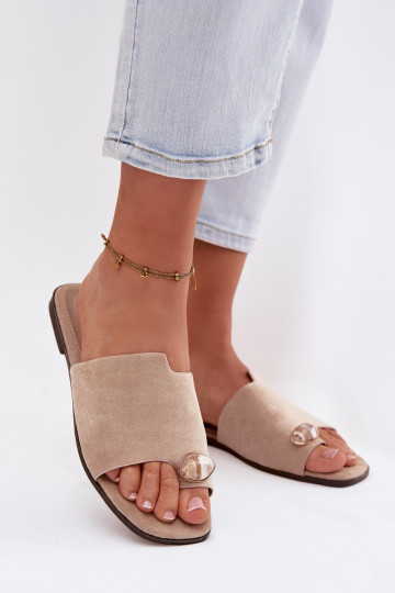 Chinelos Apartamento feminino Com decorações Detalem de camurça ecológicaoParae bege Selavine