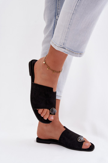 Chinelos Apartamento feminino Com decorações Detalem de camurça ecológicaoParae cor preta Selavine