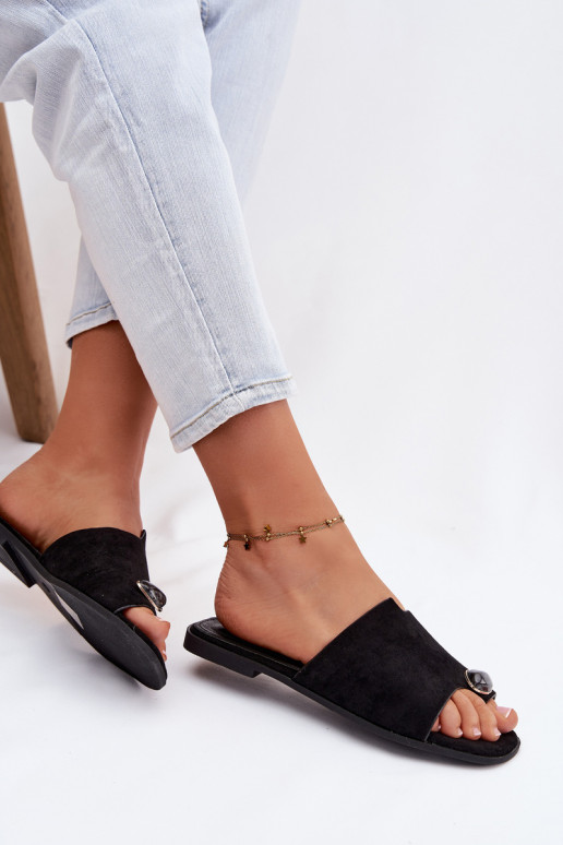 Chinelos Apartamento feminino Com decorações Detalem de camurça ecológicaoParae cor preta Selavine