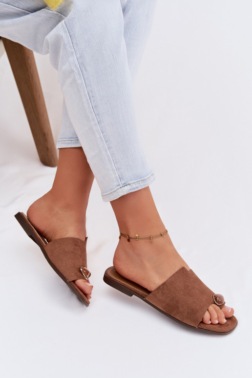 Chinelos Apartamento feminino Com decorações Detalem de camurça ecológicaoParae cor marrom Selavine