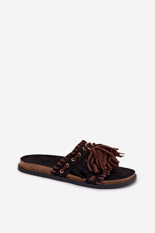 Chinelos femininos com franjas cor preta Glorinna