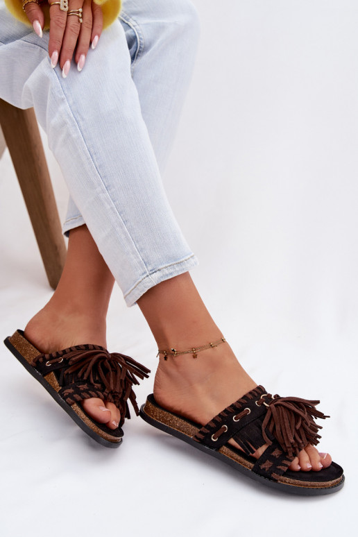 Chinelos femininos com franjas cor preta Glorinna