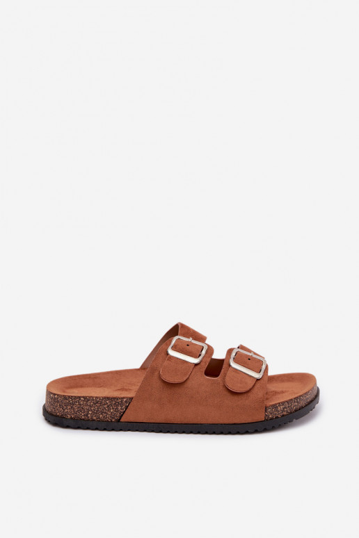 Chinelos femininos com fivelas cor marrom Oliena