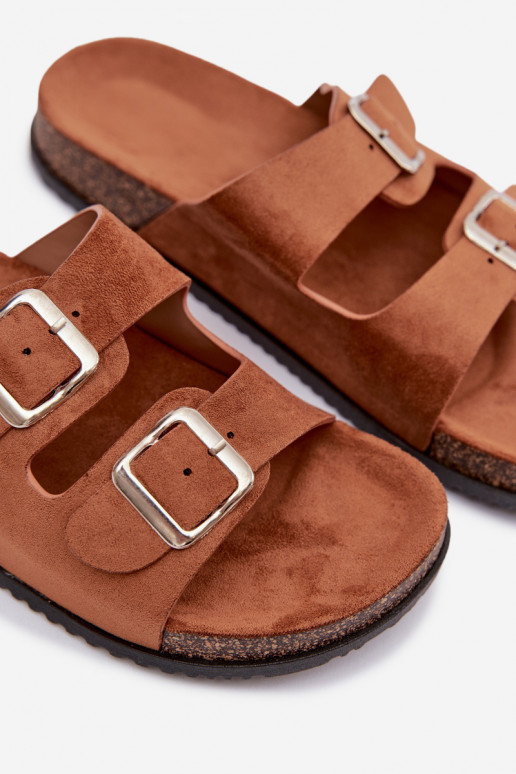 Chinelos femininos com fivelas cor marrom Oliena