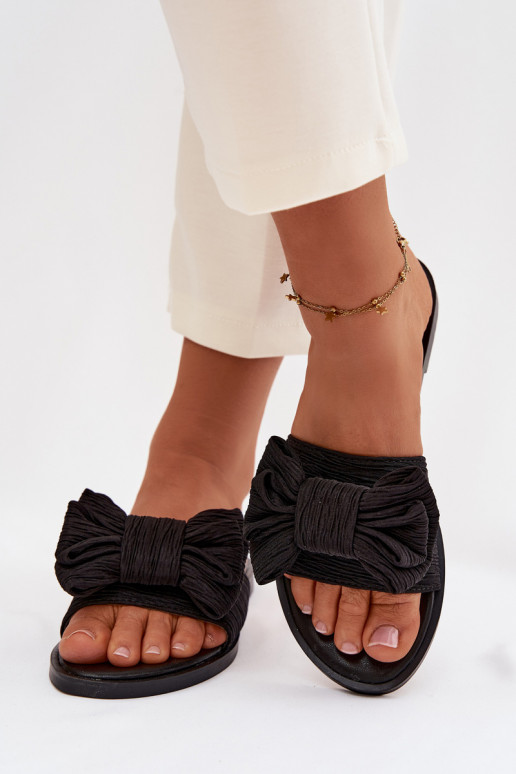 Chinelos femininos com salto largo com fitas cor preta Amivelle