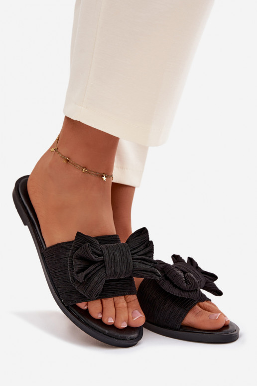 Chinelos femininos com salto largo com fitas cor preta Amivelle