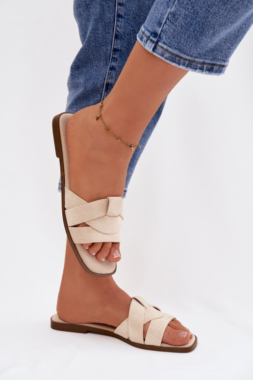 Chinelos Apartamento feminino com listras de camurça ecológicaoParae cor de marfim Florane