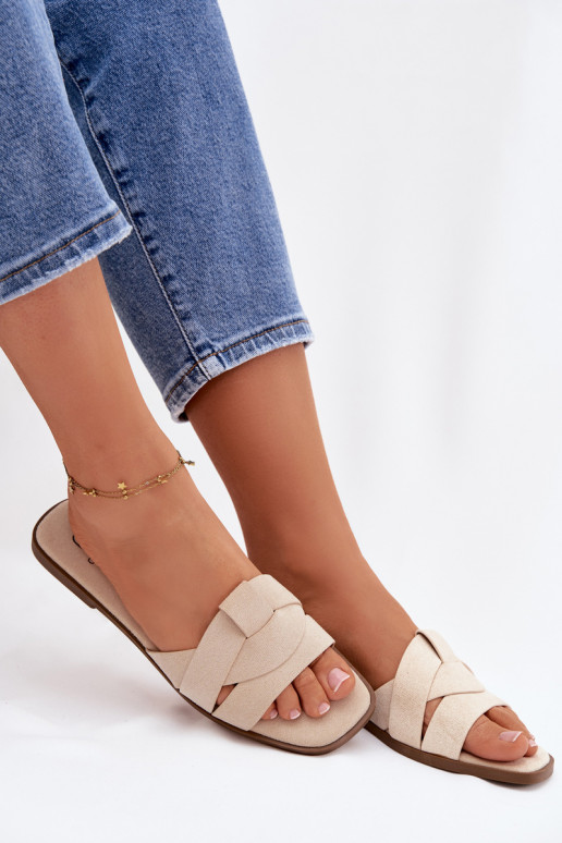 Chinelos Apartamento feminino com listras de camurça ecológicaoParae cor de marfim Florane