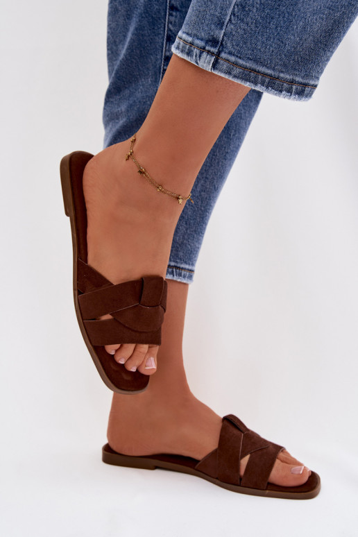 Chinelos Apartamento feminino com listras de camurça ecológicaoParae CzekoladoParae Florane