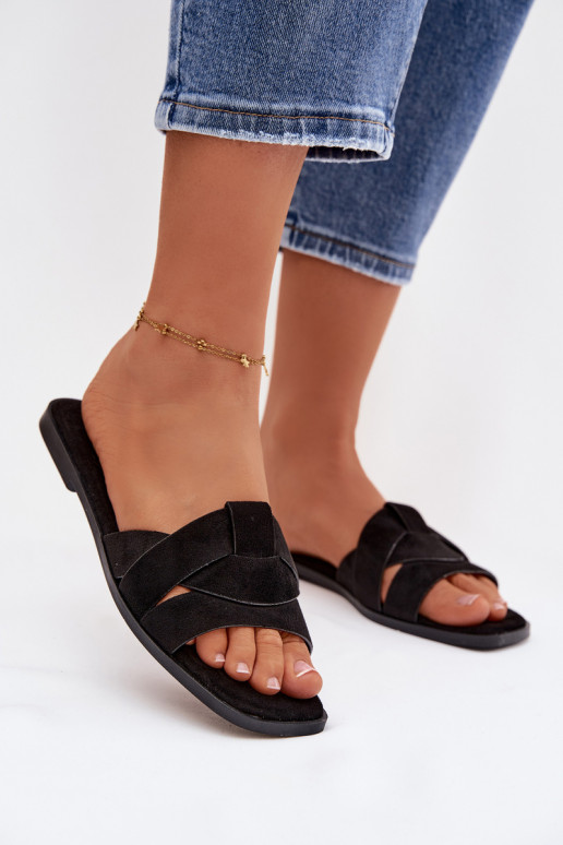 Chinelos Apartamento feminino com listras de camurça ecológicaoParae cor preta Florane