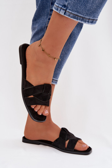 Chinelos Apartamento feminino com listras de camurça ecológicaoParae cor preta Florane 2