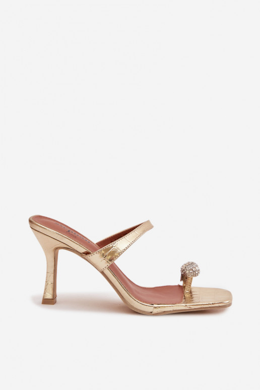 Chinelos femininos com salto fino Com decorações Detalem cor dourada Lorissa