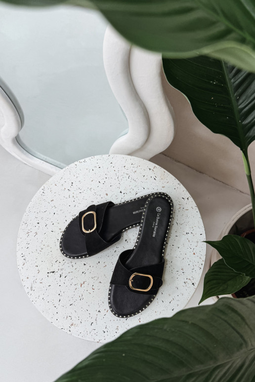 Chinelos femininos com salto largo com fivelas douradas cor preta Selivelle