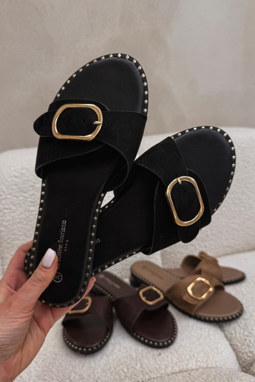 Chinelos femininos com salto largo com fivelas douradas cor preta Selivelle