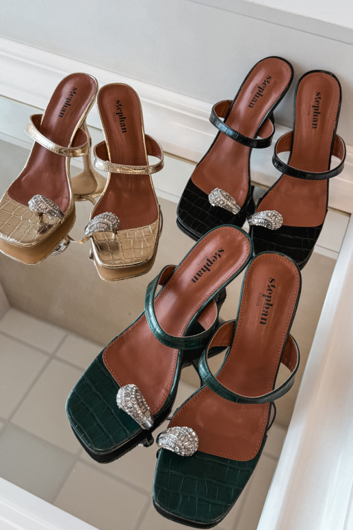 Chinelos femininos com salto fino Com decorações Detalem cor preta Lorissa