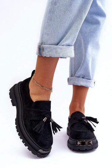 de camurça sapato mocassins femininos cor preta Ramvli 2