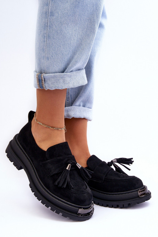 de camurça sapato mocassins femininos cor preta Ramvli