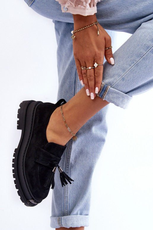 de camurça sapato mocassins femininos cor preta Ramvli