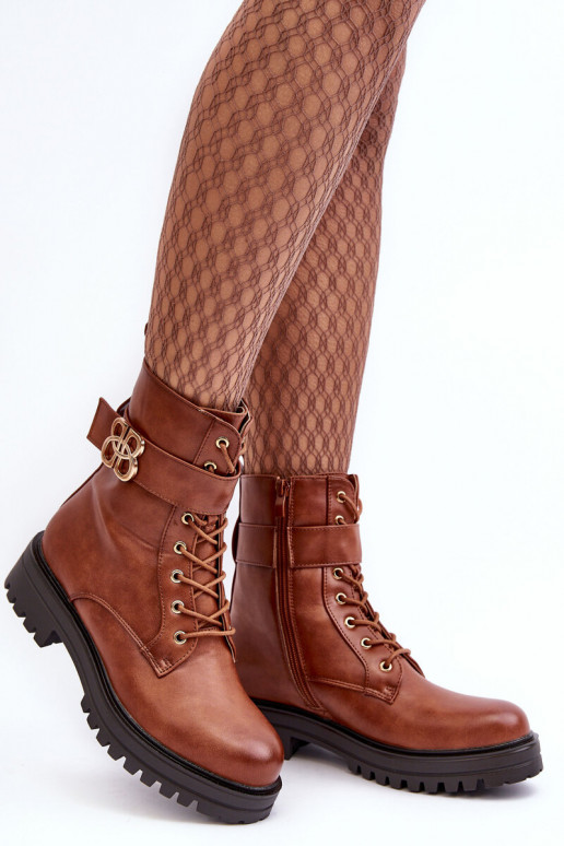 Botins de trabalho Feminino com zíperes com enfeites cor marrom Ciossava