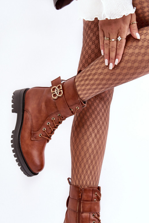 Botins de trabalho Feminino com zíperes com enfeites cor marrom Ciossava