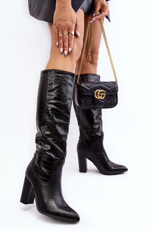 botas femininas com salto aquecimento padrões de cobra cor preta Delul