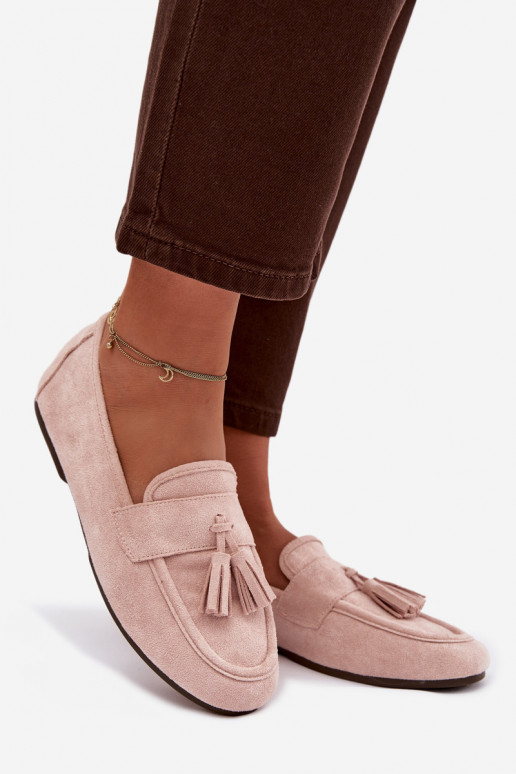Mocassins femininos cor rosa claro com franjas Tai turirilisse