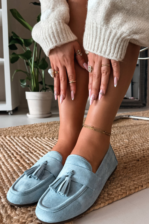 Mocassins femininos com franjas na cor azul