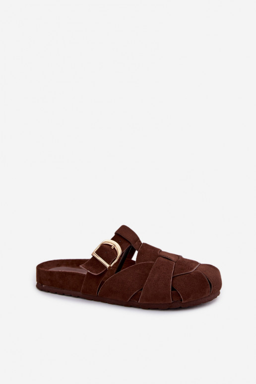 Chinelos femininos Mule com listras I Złotą com fivelas CzekoladoParae Ganelle