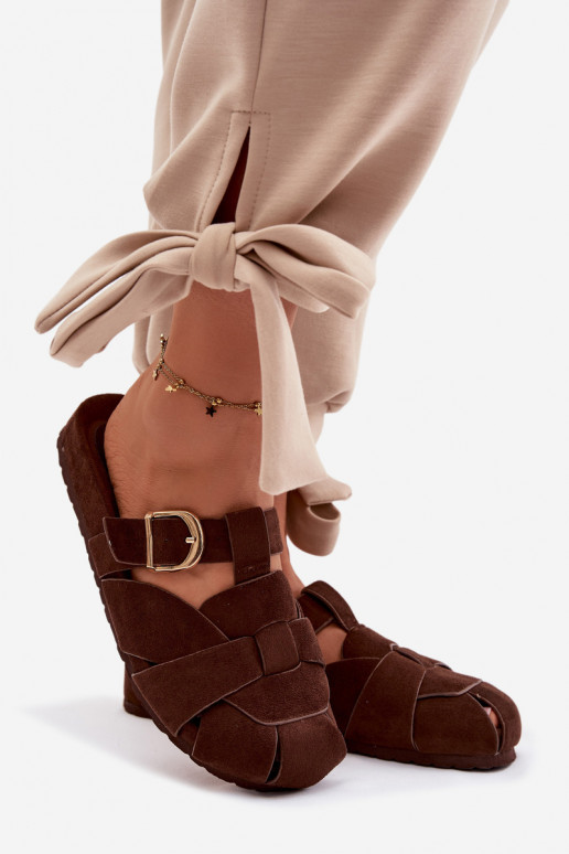 Chinelos femininos Mule com listras I Złotą com fivelas CzekoladoParae Ganelle