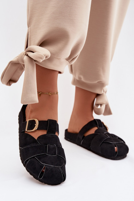 Chinelos femininos Mule com listras I Złotą com fivelas cor preta Ganelle