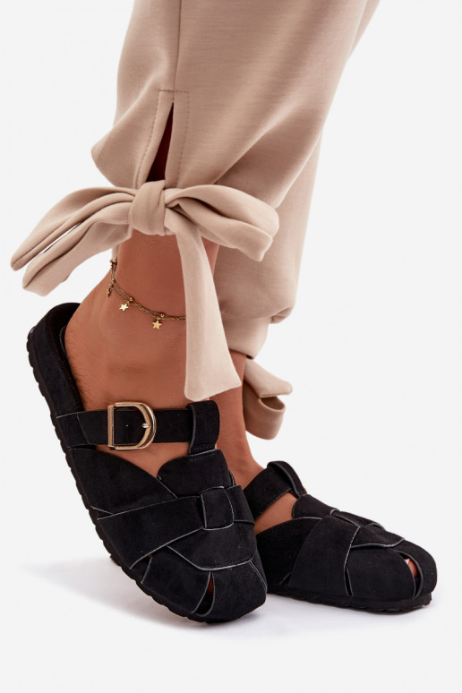 Chinelos femininos Mule com listras I Złotą com fivelas cor preta Ganelle