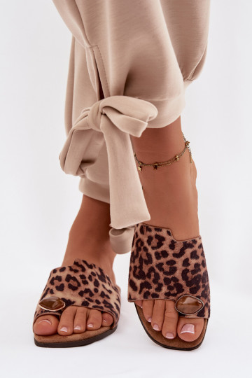 Chinelos Apartamento feminino Com decorações Detalem de camurça ecológicaoParae com padrões de pele de leopardo Selavine 2