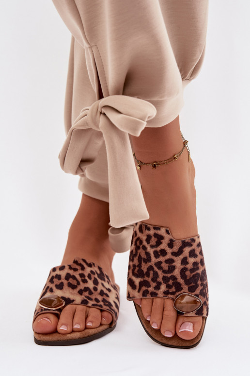 Chinelos Apartamento feminino Com decorações Detalem de camurça ecológicaoParae com padrões de pele de leopardo Selavine