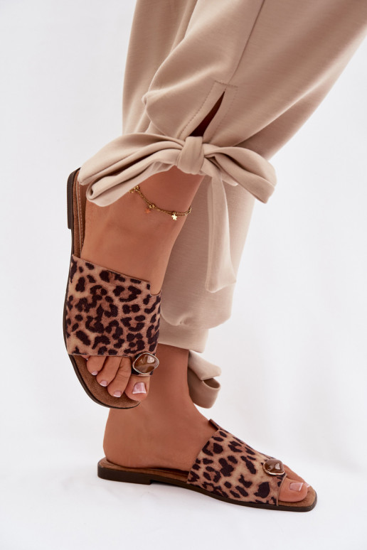 Chinelos Apartamento feminino Com decorações Detalem de camurça ecológicaoParae com padrões de pele de leopardo Selavine