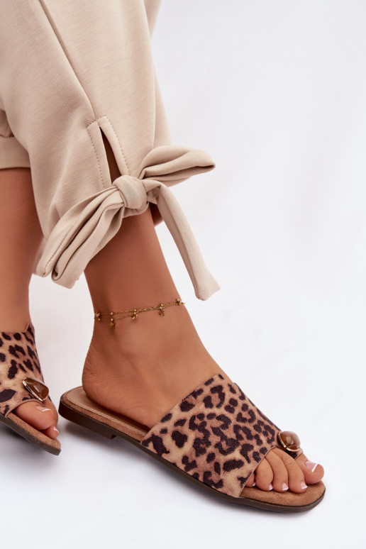 Chinelos Apartamento feminino Com decorações Detalem de camurça ecológicaoParae com padrões de pele de leopardo Selavine