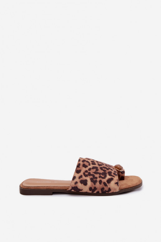 Chinelos Apartamento feminino Com decorações Detalem de camurça ecológicaoParae com padrões de pele de leopardo Selavine
