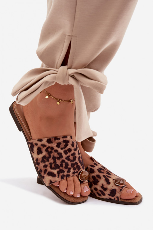 Chinelos Apartamento feminino Com decorações Detalem de camurça ecológicaoParae com padrões de pele de leopardo Selavine