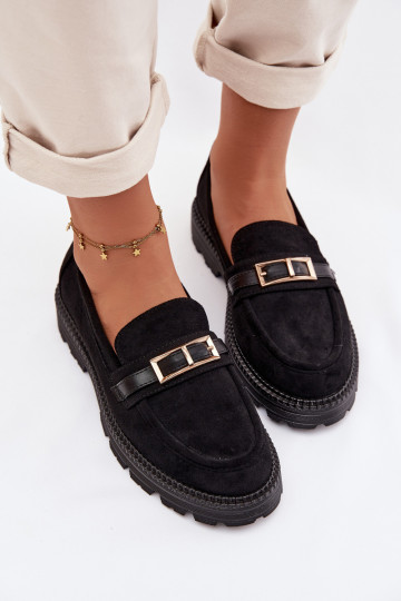 mocassins femininos com fivelas douradas cor preta Mirelva