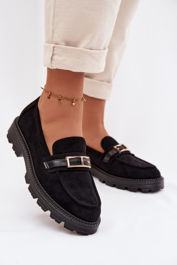 mocassins femininos com fivelas douradas cor preta Mirelva 2