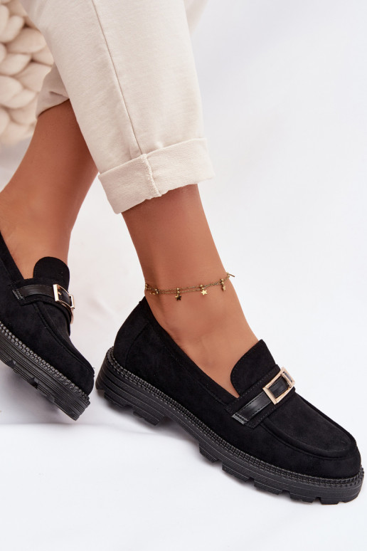 mocassins femininos com fivelas douradas cor preta Mirelva