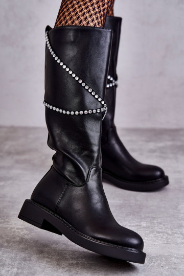 Feminino botas com lindos detalhes cor preta Finlay