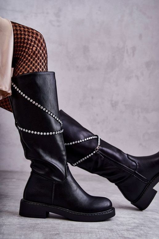 Feminino botas com lindos detalhes cor preta Finlay