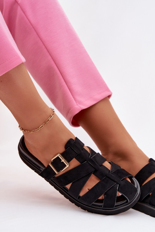 Chinelos femininos com tiras e fivelas douradas cor preta Roselisse