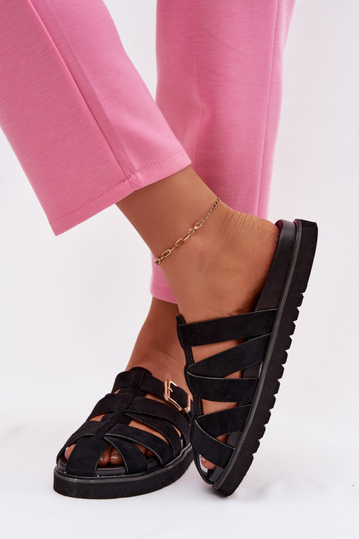 Chinelos femininos com tiras e fivelas douradas cor preta Roselisse