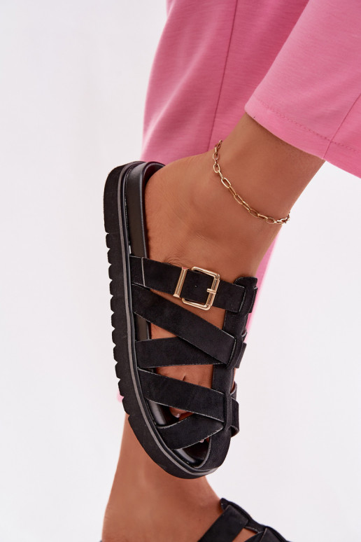 Chinelos femininos com tiras e fivelas douradas cor preta Roselisse