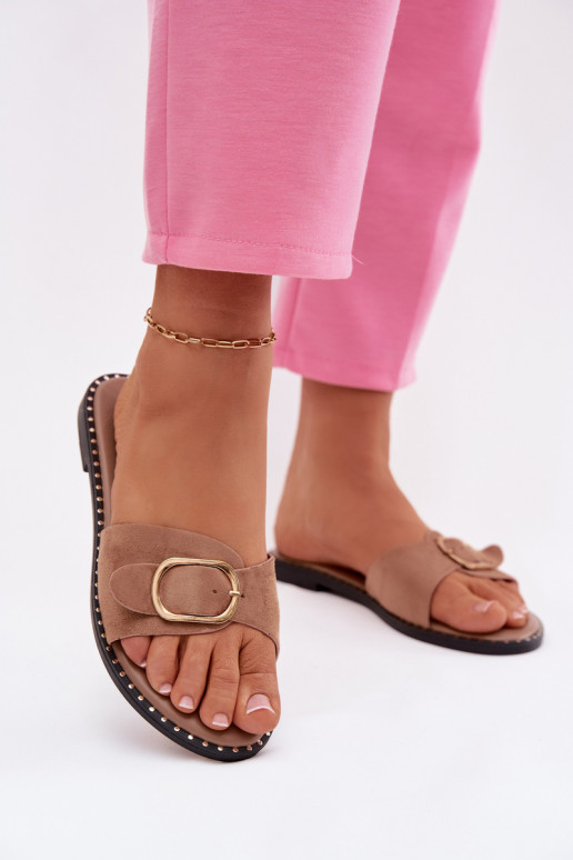 Chinelos femininos com saltos largos e fivelas douradas cor marrom Selivelle