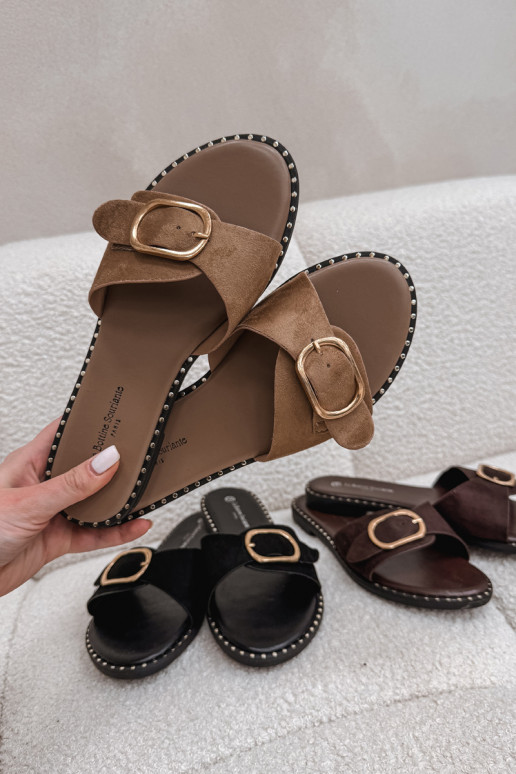 Chinelos femininos com saltos largos e fivelas douradas cor marrom Selivelle