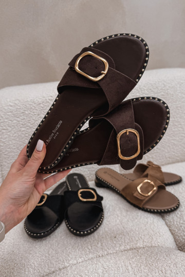 Chinelos femininas com saltos largos e fivelas douradas cor chocolate Selivelle 2